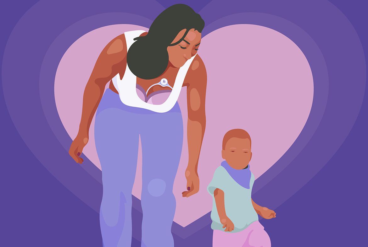 Illustration of mom with child. Mom is wearing a breast pump.