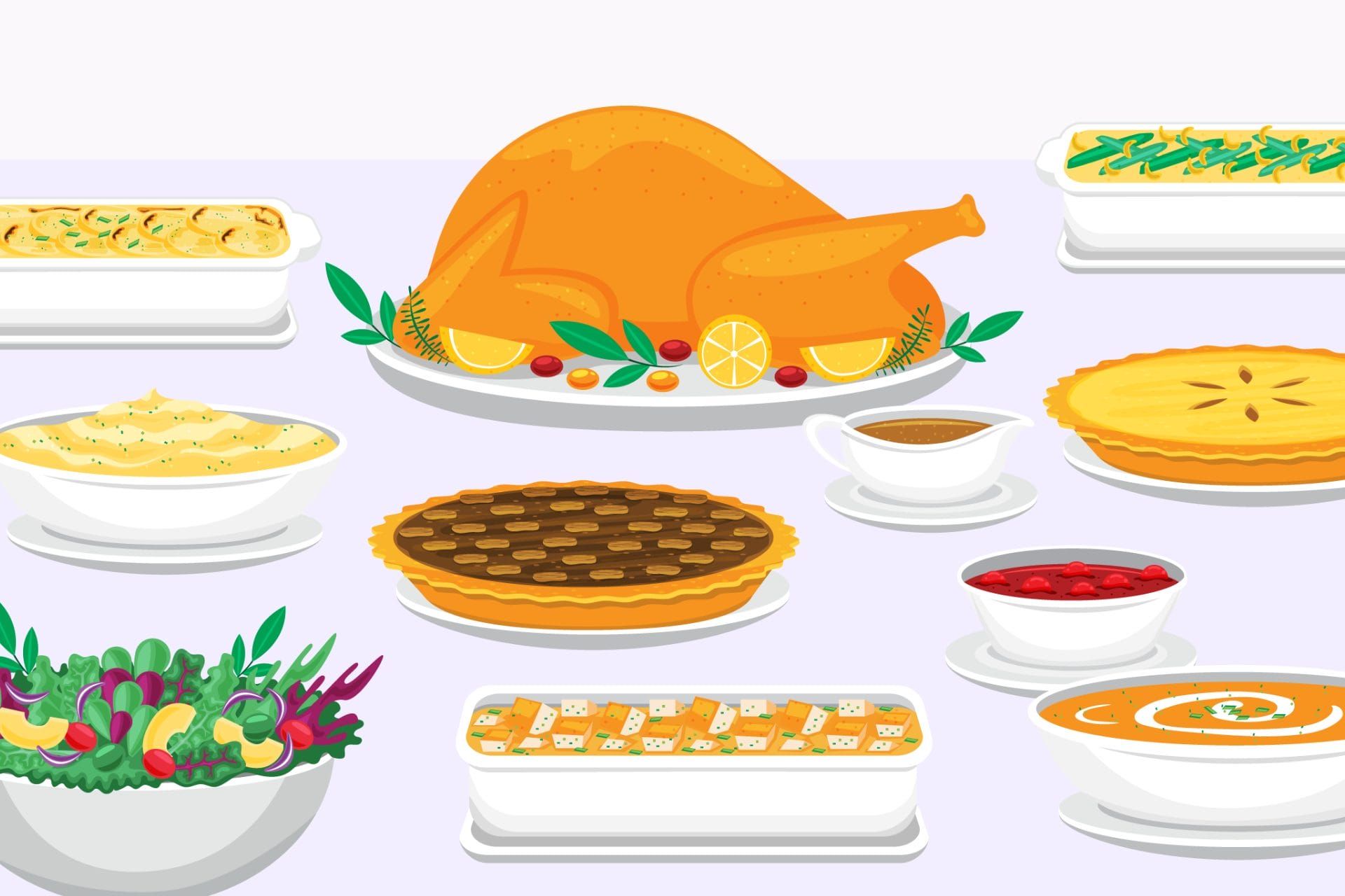 Illustration of holiday foods including a Thanksgiving Turkey