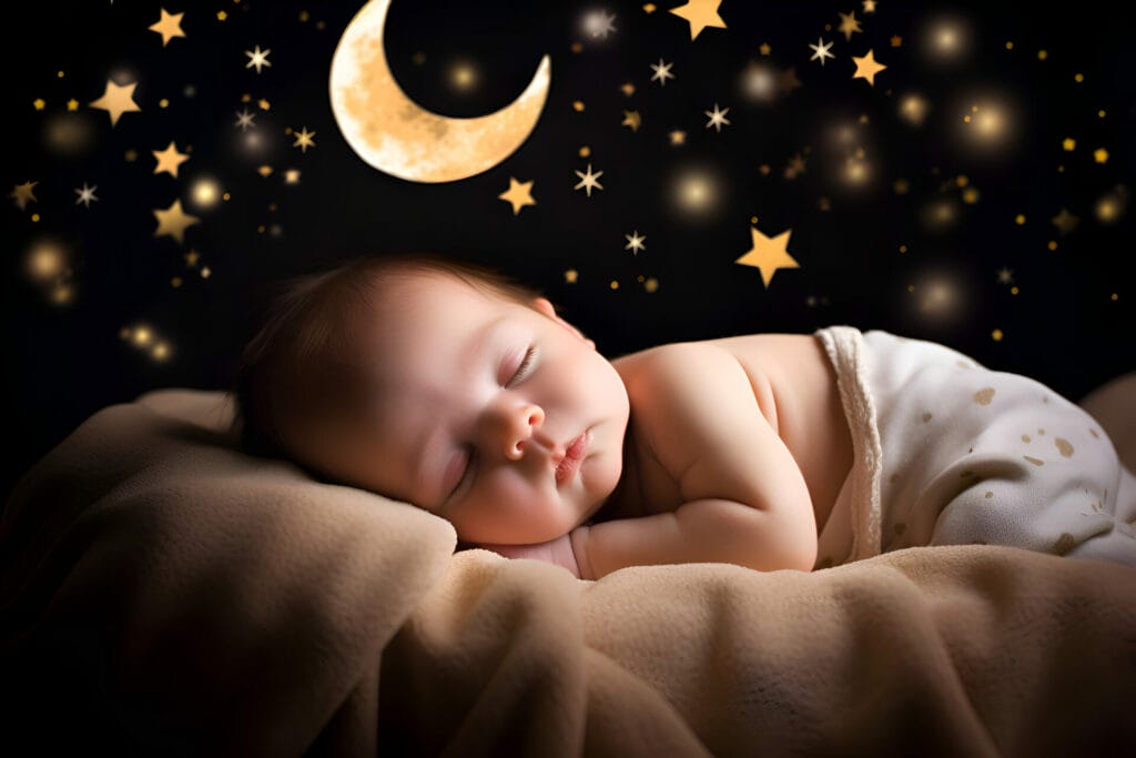 sleeping baby with celestial wallpaper in the background